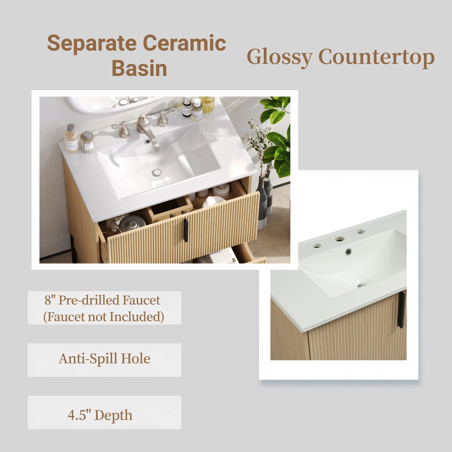 30  Bathroom Vanity With Ceramic Sink And Full-Extension Drawers, Soft Close Undermount Drawer Slides, Fluted Design, Natural