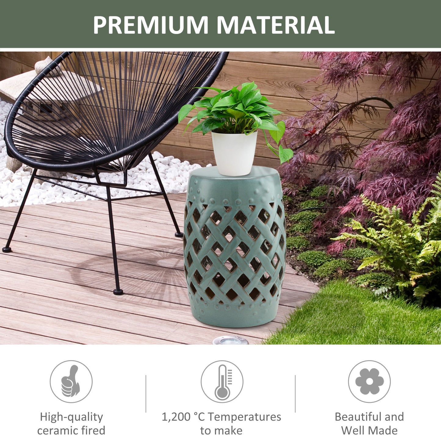13" X 18" Ceramic Garden Stool With Woven Lattice Design & Glazed Strong Materials Decorative End Table, Antique Blue
