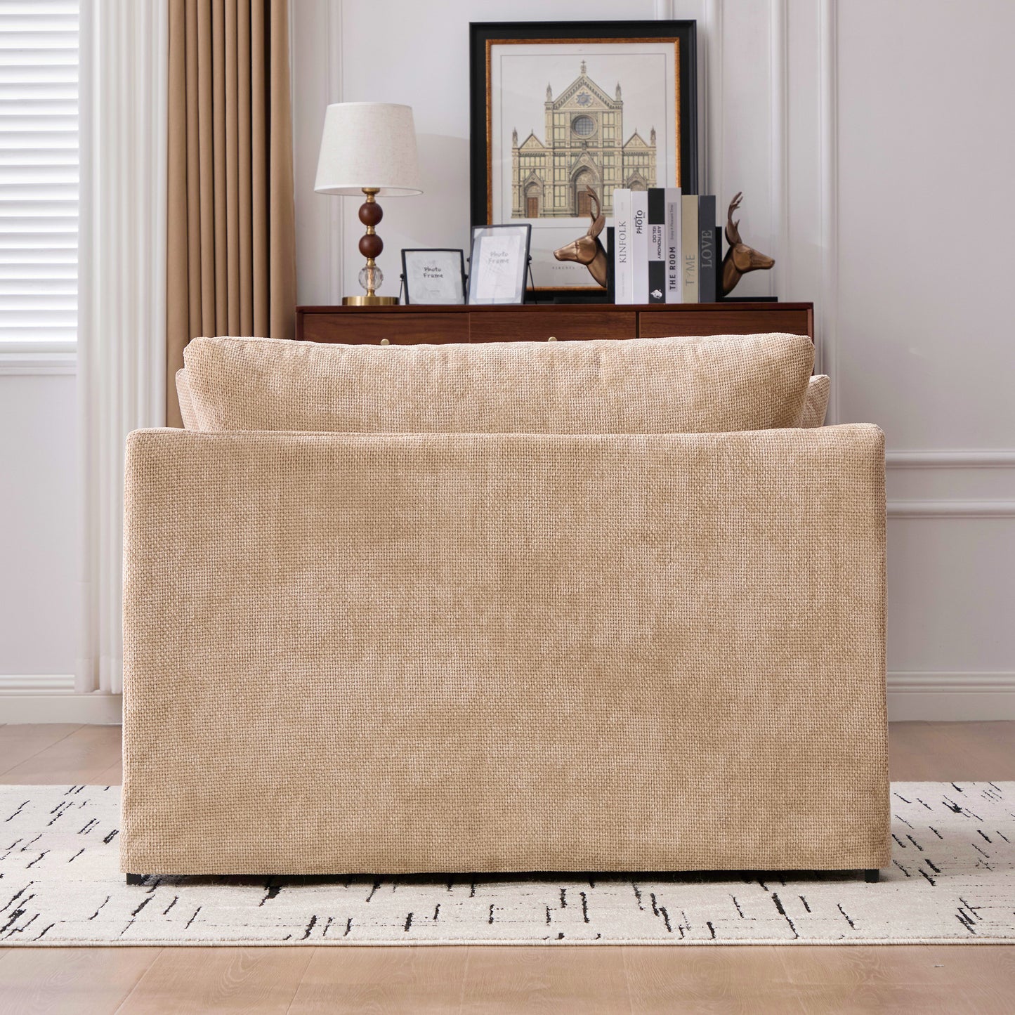 43.9 Wide Modern Upholstered Farmhouse Performance Accent Chair With Black Metal Legs,  Chenille Reading Armchair Single Sofa With Two Bolster Pillows For Living Room Offices And Lounge,Wheat