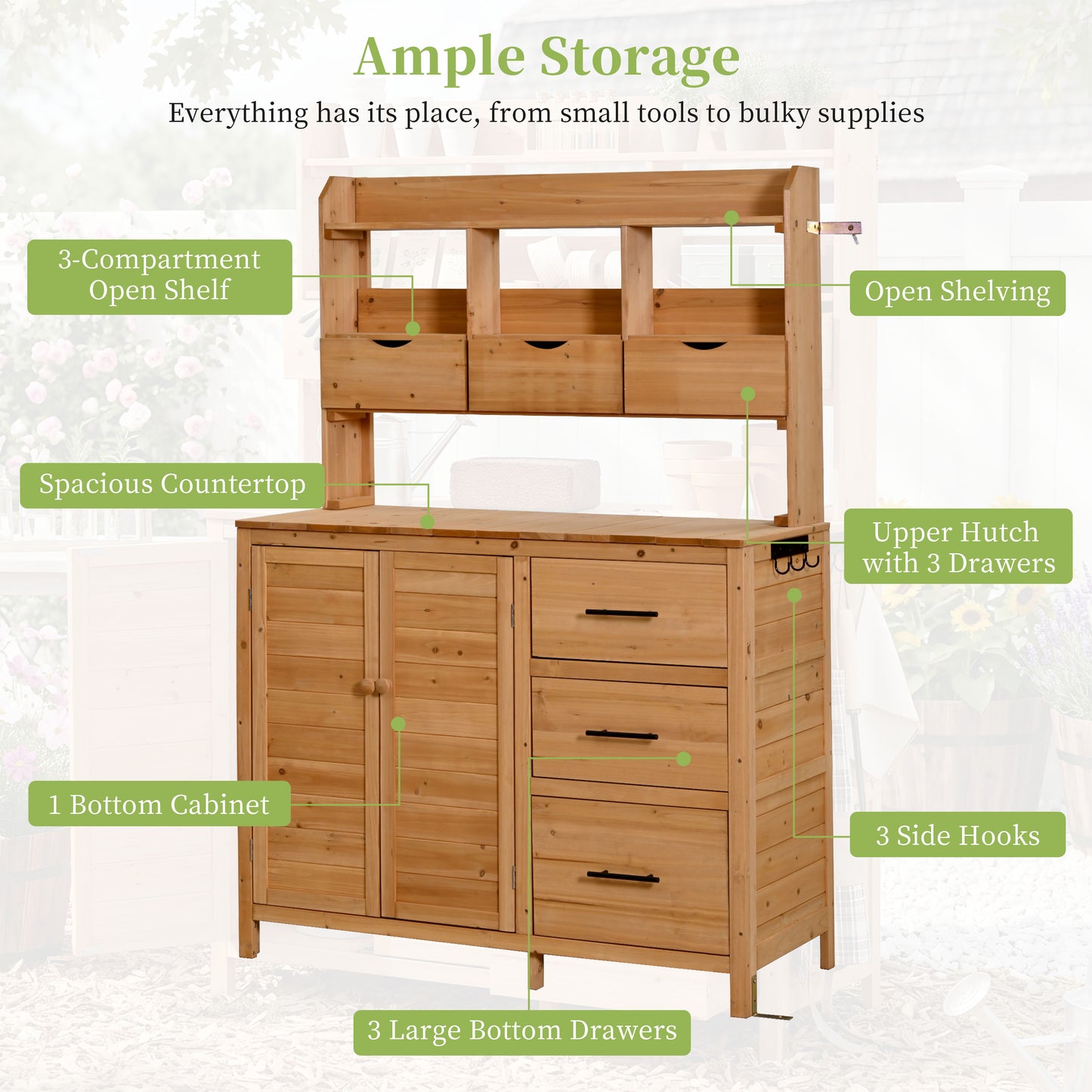 With Assembly Video  TOPMAx Farmhouse Patio Potting Bench  44.6 X19.5  Large Freestanding Garden Workstation With 6 Drawers  Bottom Cabinet And Side Hook  Outdoor Kitchen Island  Natural Wood