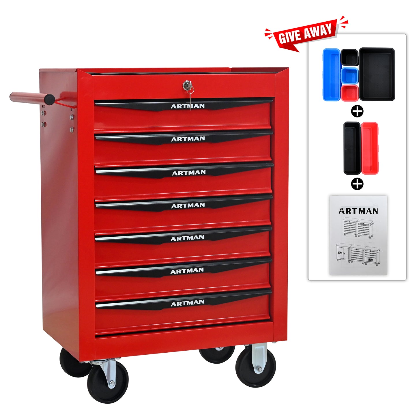 Rolling Metal Tool Chest With 7 Drawers, 20   7-Drawer Tool Chest Cabinet With Ball Bearing Drawer Slides, Steel Tool Storage Box Organizer -Red&Black