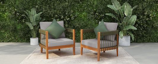 Acacia Wood Outdoor Club Chair With Handwoven Rope Accents & Curved Backrest - Water-Resistant Boho Patio Lounge Chair With Removable Cushions For Porch, Garden