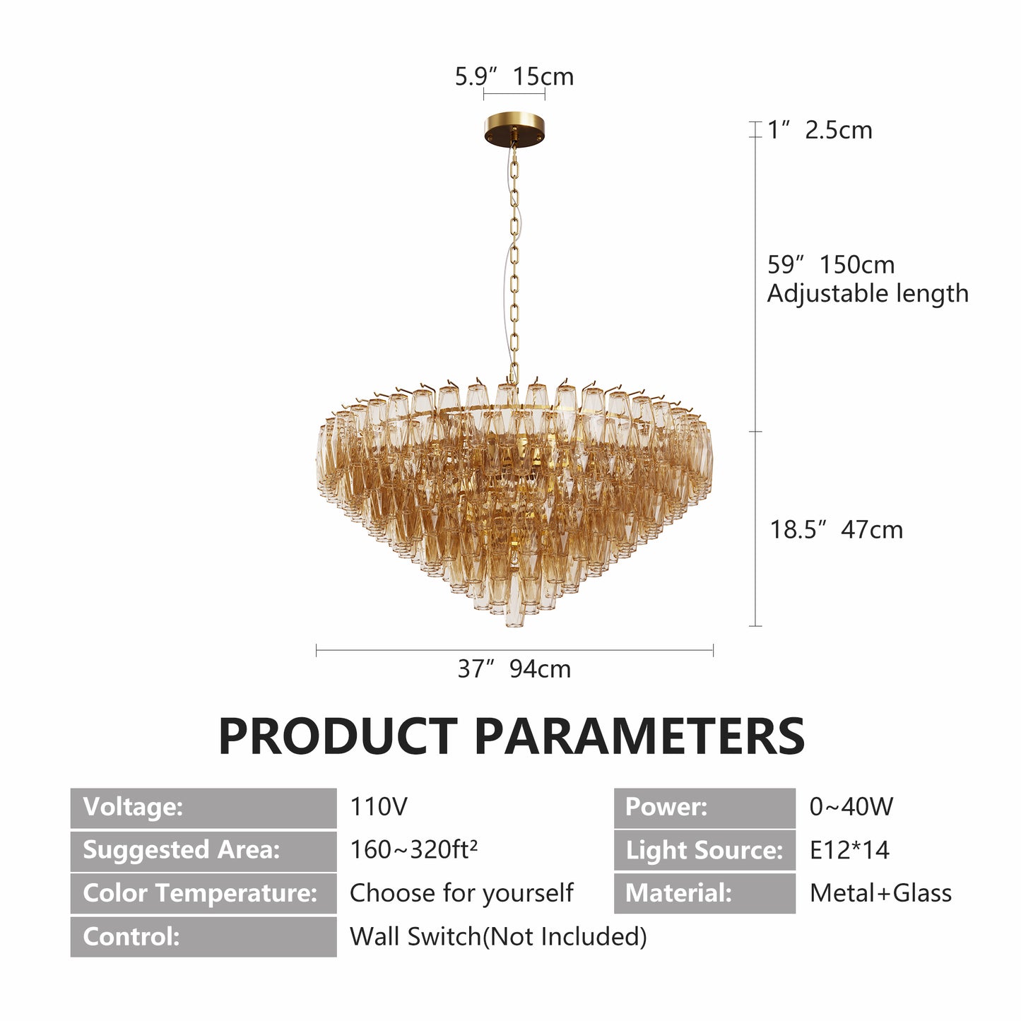 37 Extra Large Chandelier, 14-Light Gold Modern Round Chandelier For Living Room, Tiered Smoke Blown Glass Brass Chandeliers, Hanging Light Fixture For Bedroom, Dining Room, Foyer, Entryway