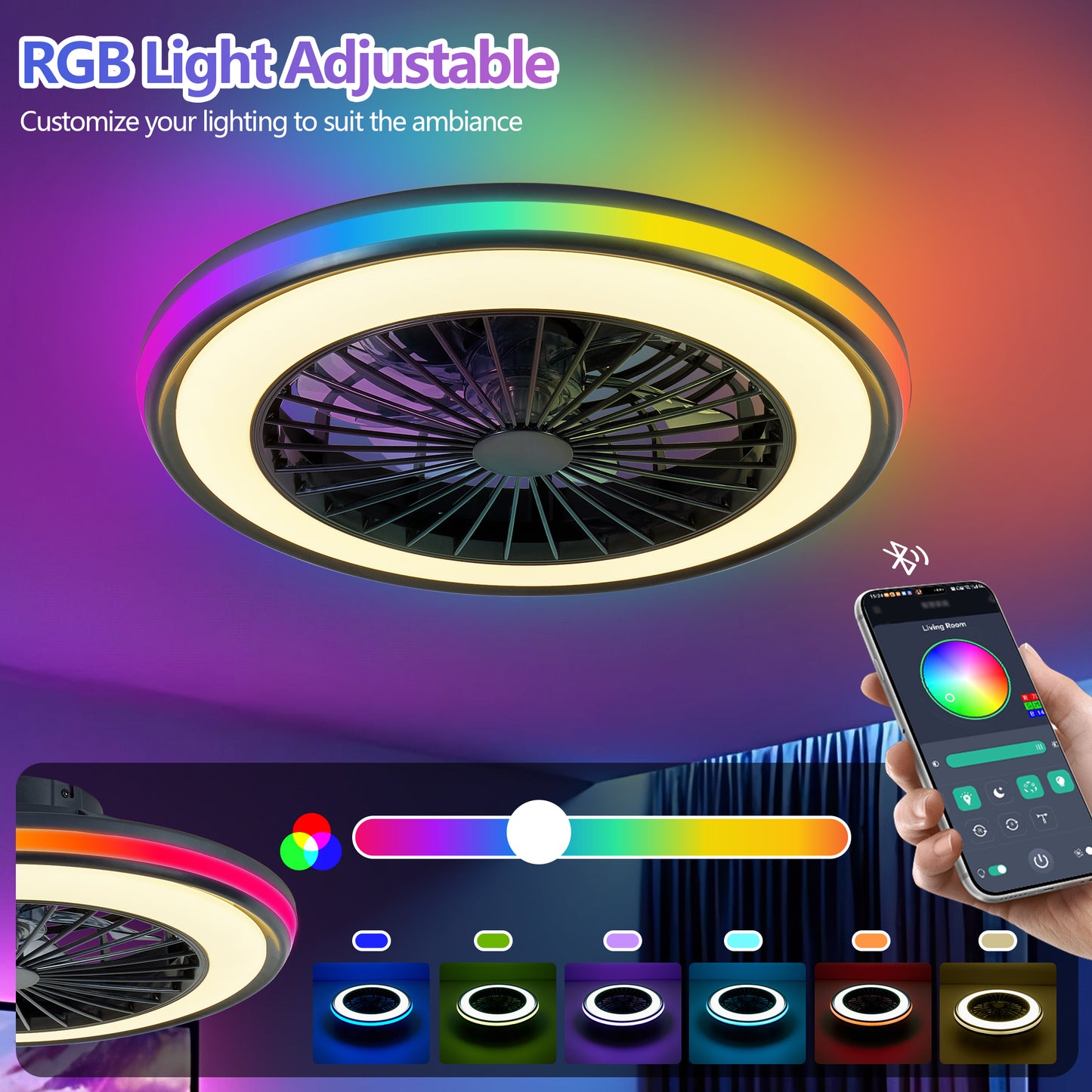 Modern LED Ceiling Light With Fan, RGB Ceiling Fan Lights, Infinitely Dimmable Light ForLiving Room, Bedroom, Office, 3000-4500-6000 K  Black & 20 & RGB