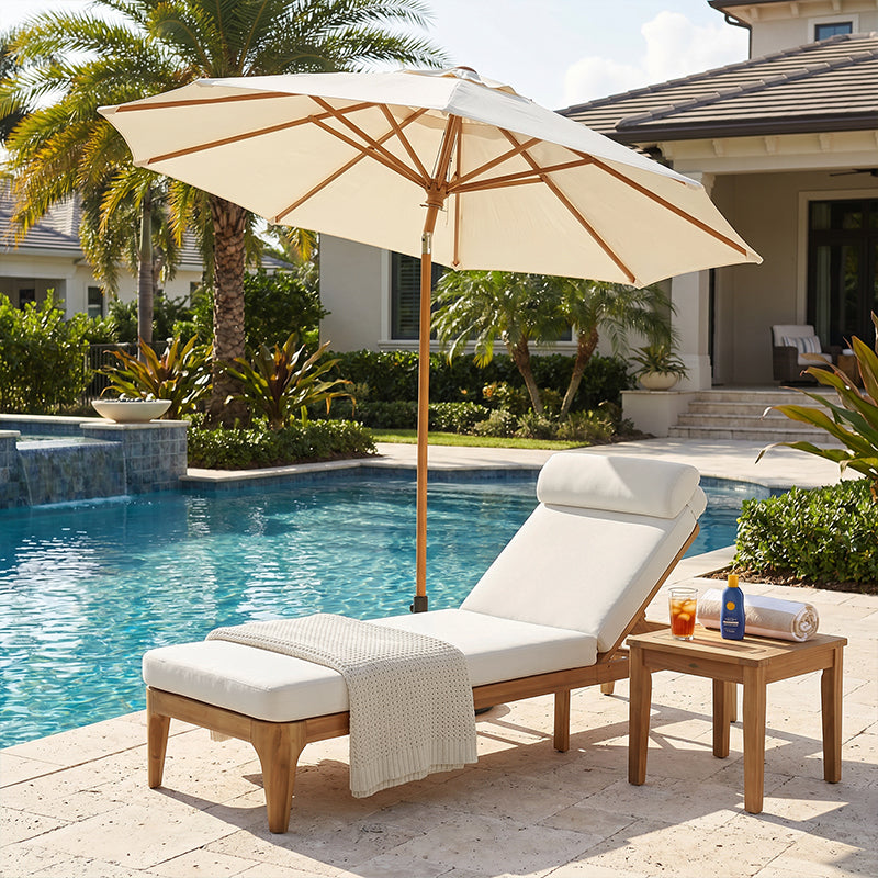 TOPMAX Acacia Wood Chaise Lounge, Outdoor Sun Lounge Chair, Patio Recliner With Adjustable Backrest And Head Pillow For Poolside, Backyard, Garden, Indoor&Outdoor, Beige