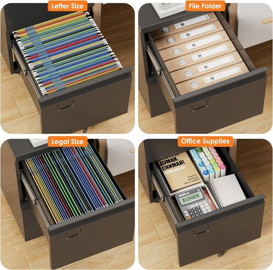 2 Drawer Mobile File Cabinet, Metal Under Desk Cabinet With Lock Name Card Holder For Office Home, Legal Letter Size, Assembly Required