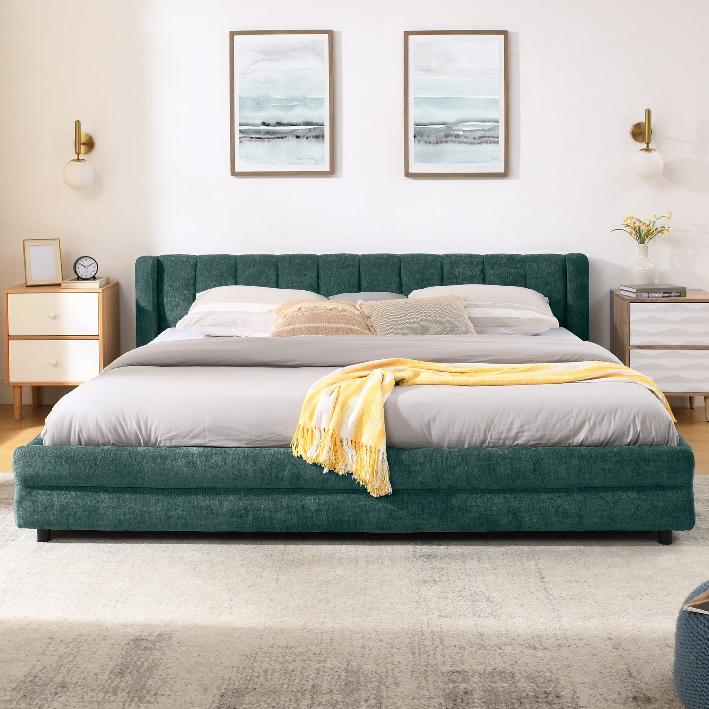 King Size Upholstered Bed Frame With Thick Fabric, Comfortable Upholstered Bed Frame, Chenille Fabric, With Headboard And Solid Bed Frame. With Drawer For Storage--Blue Green86.5 X84x 29.5
