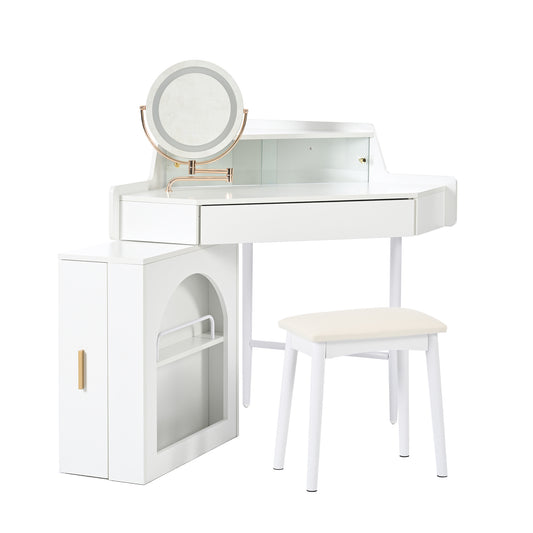 Corner Makeup Vanity Desk With Mirror & LED Lights, Modern Vanity Set With Mirror And Stool, Dressing Table With Large Storage For Small Place, Brightness Adjustable Folding Mirror, White