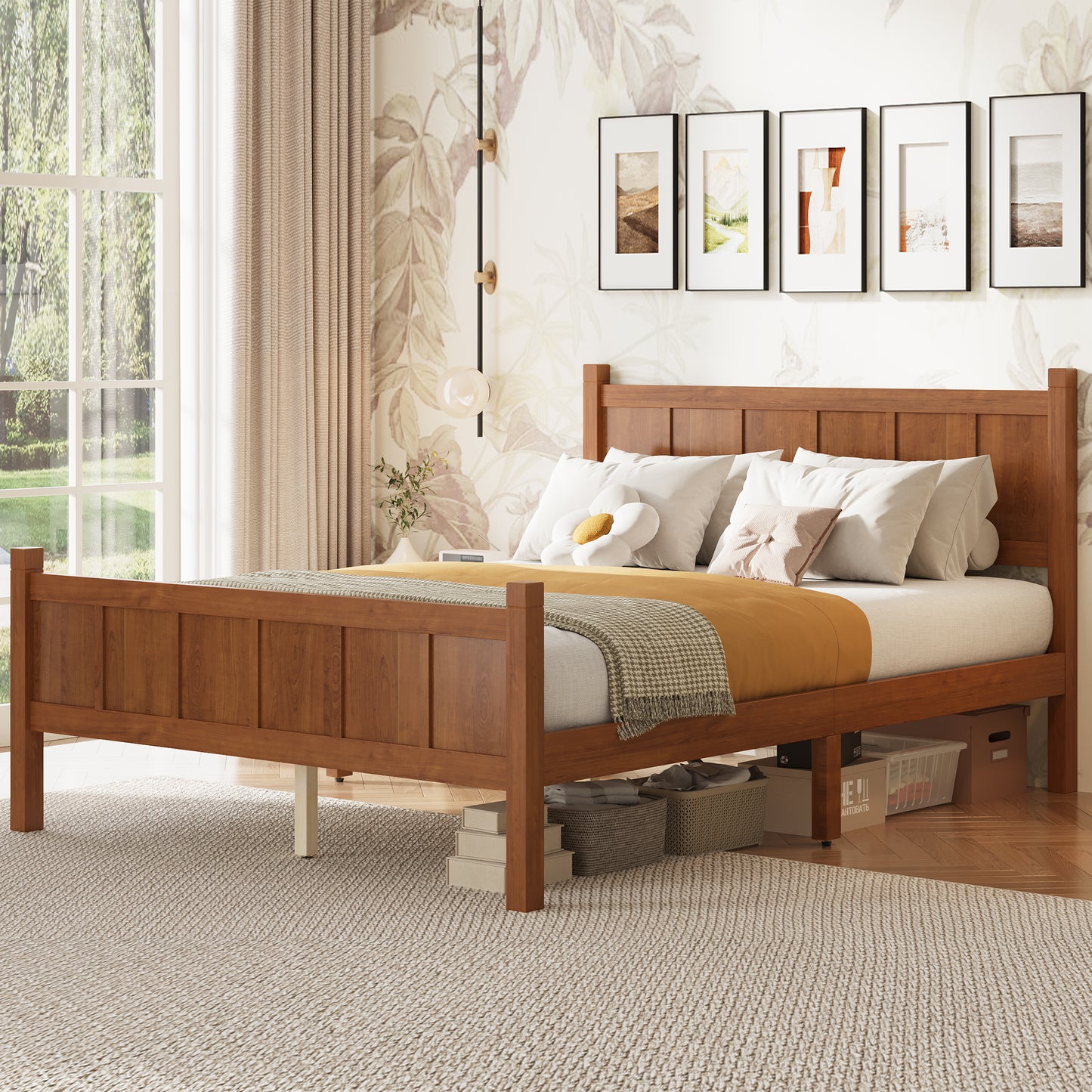 Full Size Flat Panel Bed With Headboard & Footboard, Minimalist Modern Platform Bed With Wood Grain Finish, Shaker And Farmhouse Style Design, Sleek And Functional Bedroom Furniture,Light Walnut