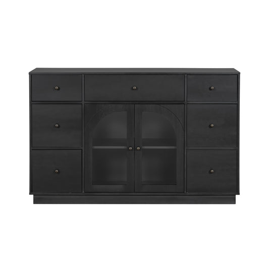 Cabinet With Storage For Living And Dining Room Entrance, Large Size, 2 Doors And 7 Drawers, Black