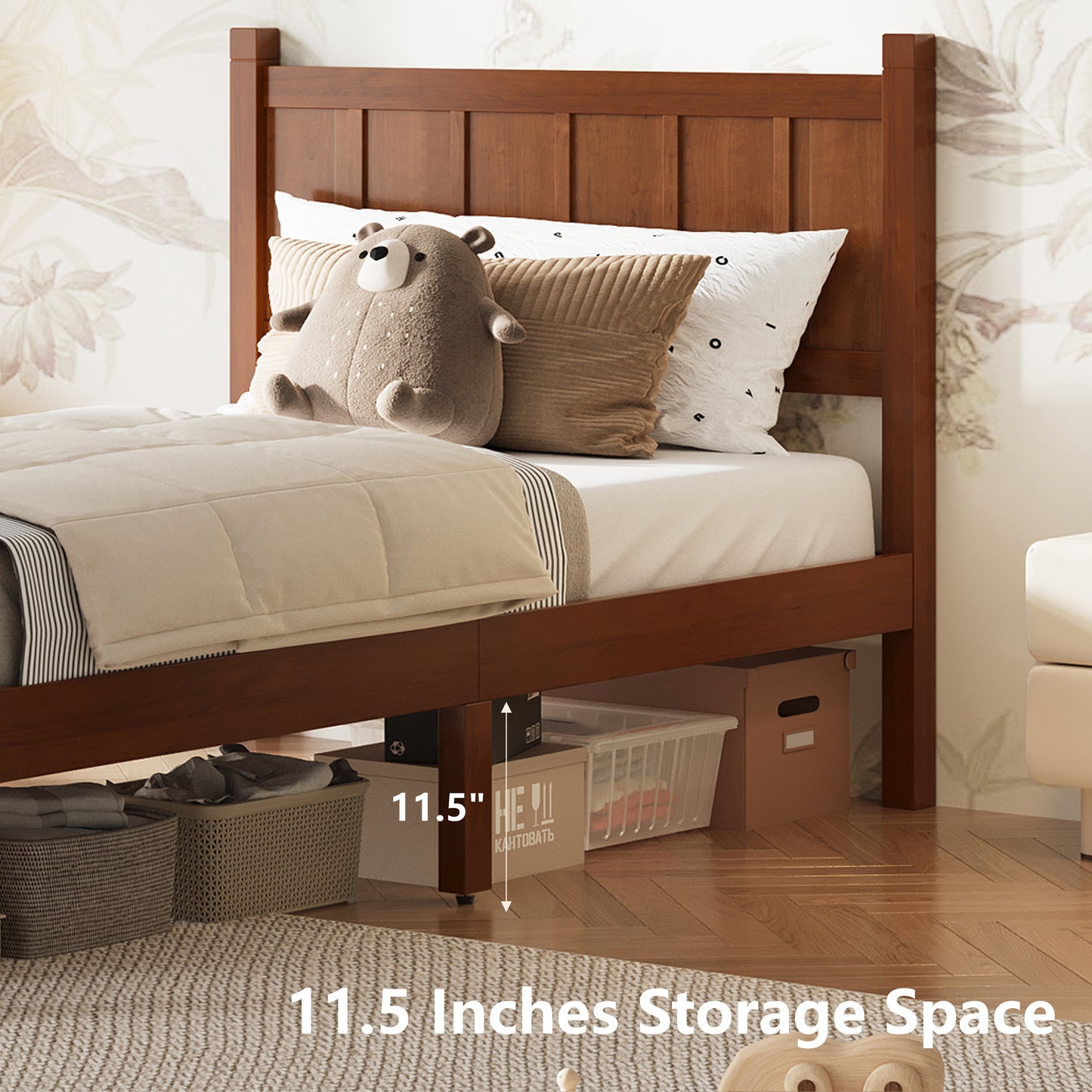 Twin Size Flat Panel Bed With Headboard & Footboard, Minimalist Modern Platform Bed With Wood Grain Finish, Shaker And Farmhouse Style Design, Sleek And Functional Bedroom Furniture,Dark Walnut