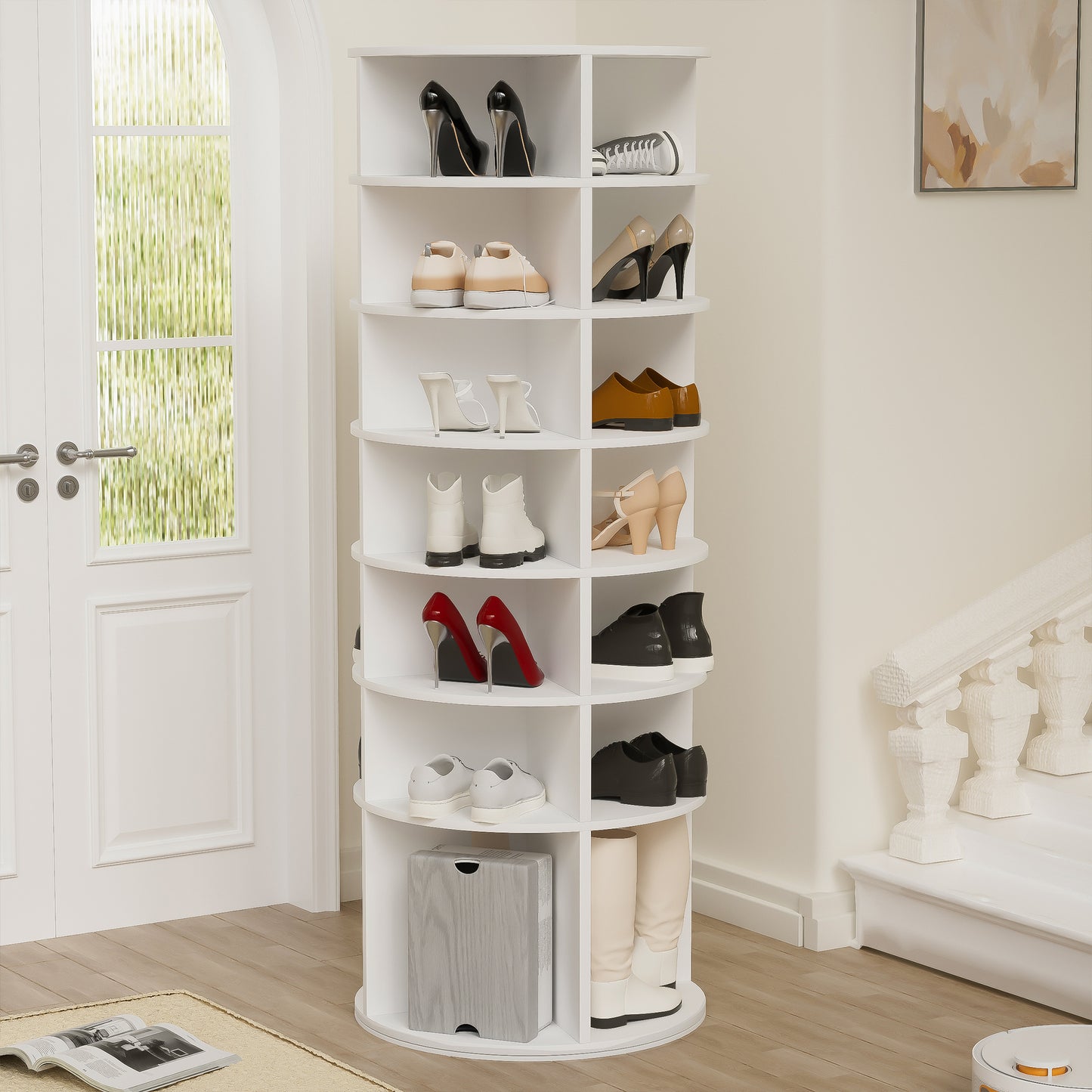 Rotating Shoe Rack Tower, 7-Tier Spinning Shoe Rack, Free Standing 360  Revolving Shoe Organizer,  High Bottom Design Shoe Tower Spinning Storage Lazy Susany, Fits 28 Pairs Of Shoes  7-Tier White