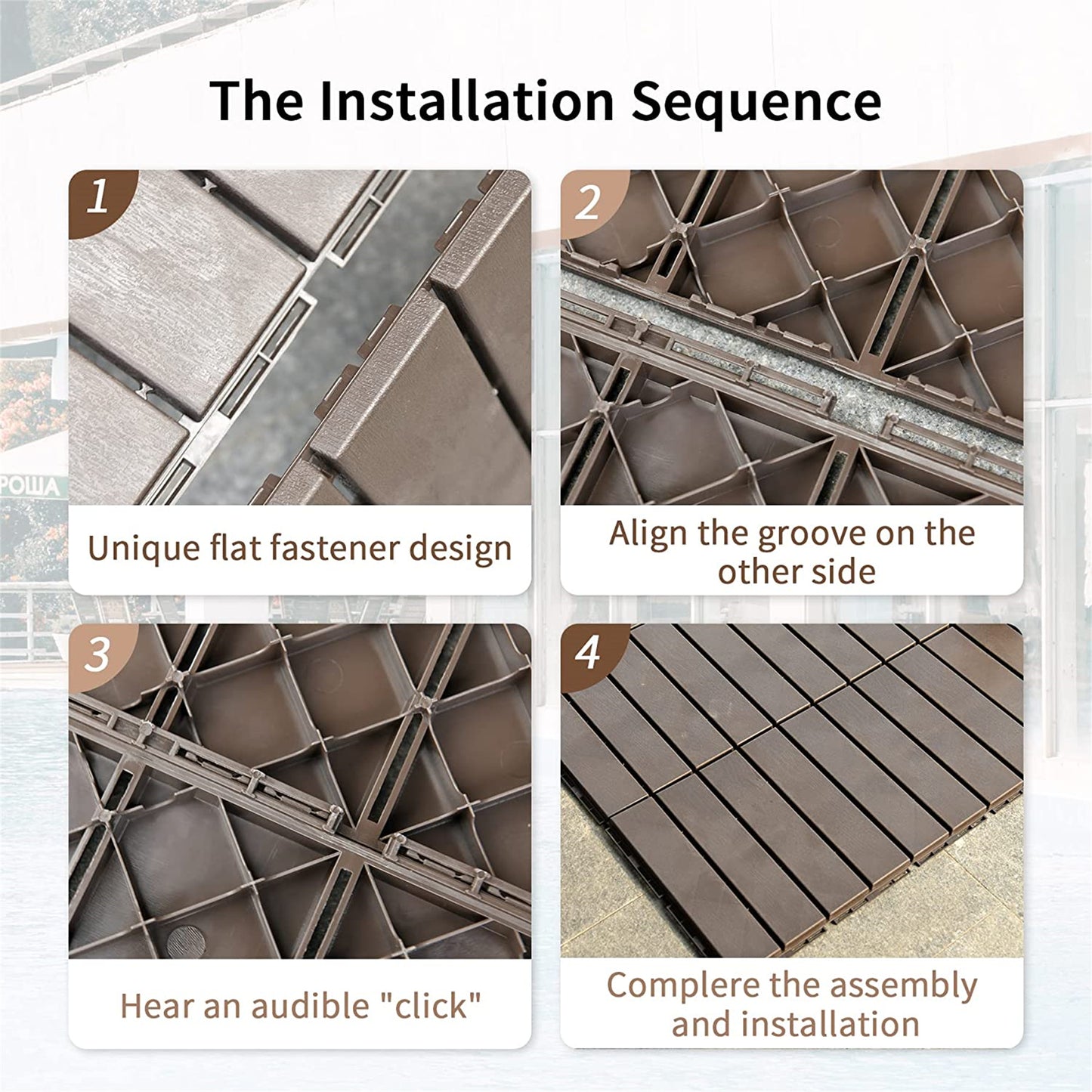 Patio Interlocking Deck Tiles, 12 X12  Square Composite Decking Tiles, Four Slat Plastic Outdoor Flooring Tile All Weather For Balcony Porch Backyard,  Dark Brown, Pack Of 27