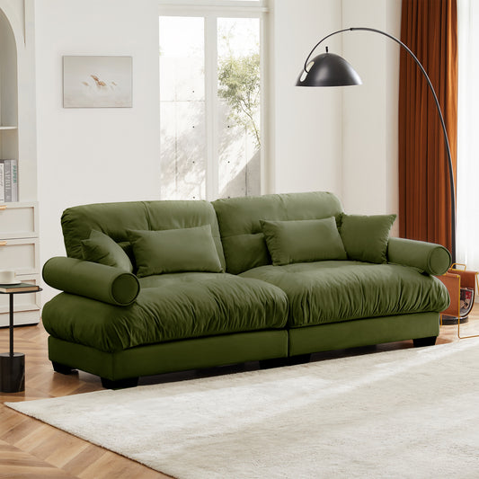 Large Size Modern Two-seater Sofa With Bolstered Armrests,Velvet 2-Seater Sofa With Waist Pillows And Throw Pillows , Suitable For Living Room , Loft, Working Spaces , Hallway And Bedroom,Olive Green