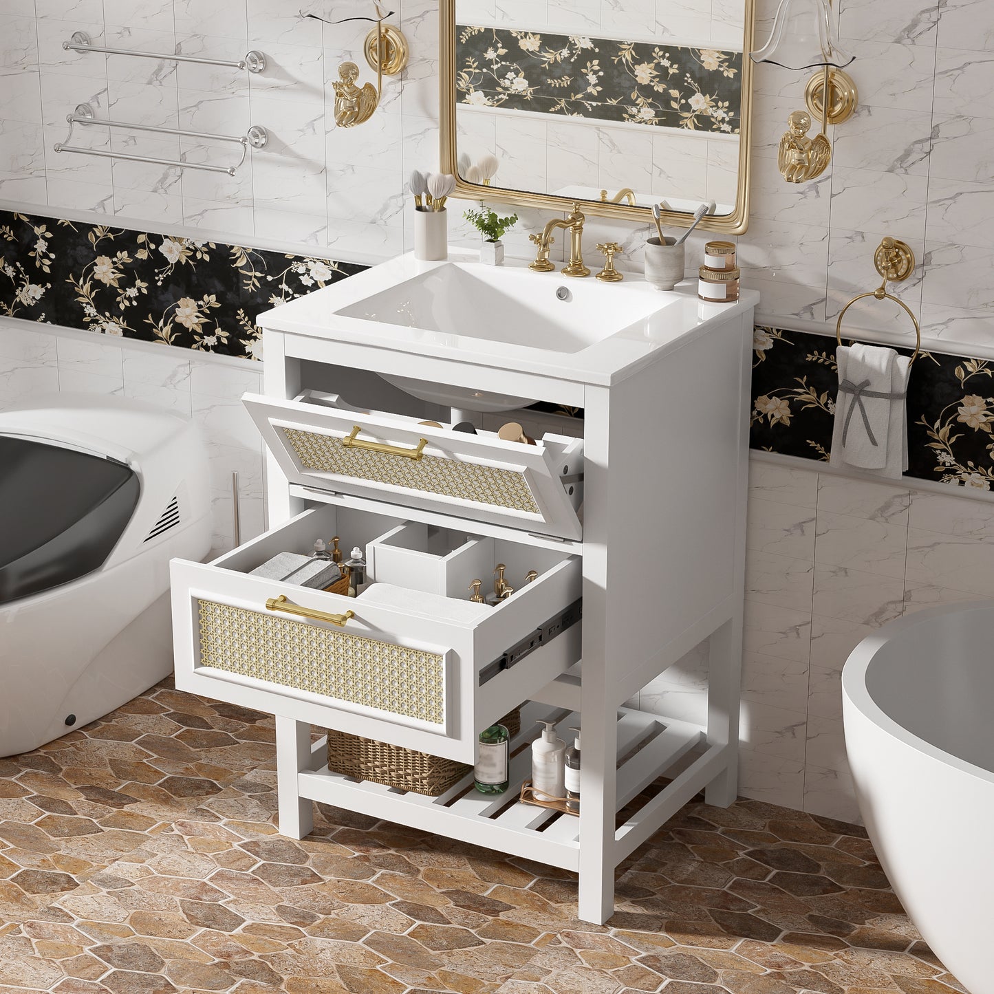 24   Bathroom Vanity With Integrated Ceramic Sink, Bathroom Cabinet With 1 Deep Drawer, 1 Tip-Out Drawer, Single Sink Bathroom Vanity For Small And Medium Restroom