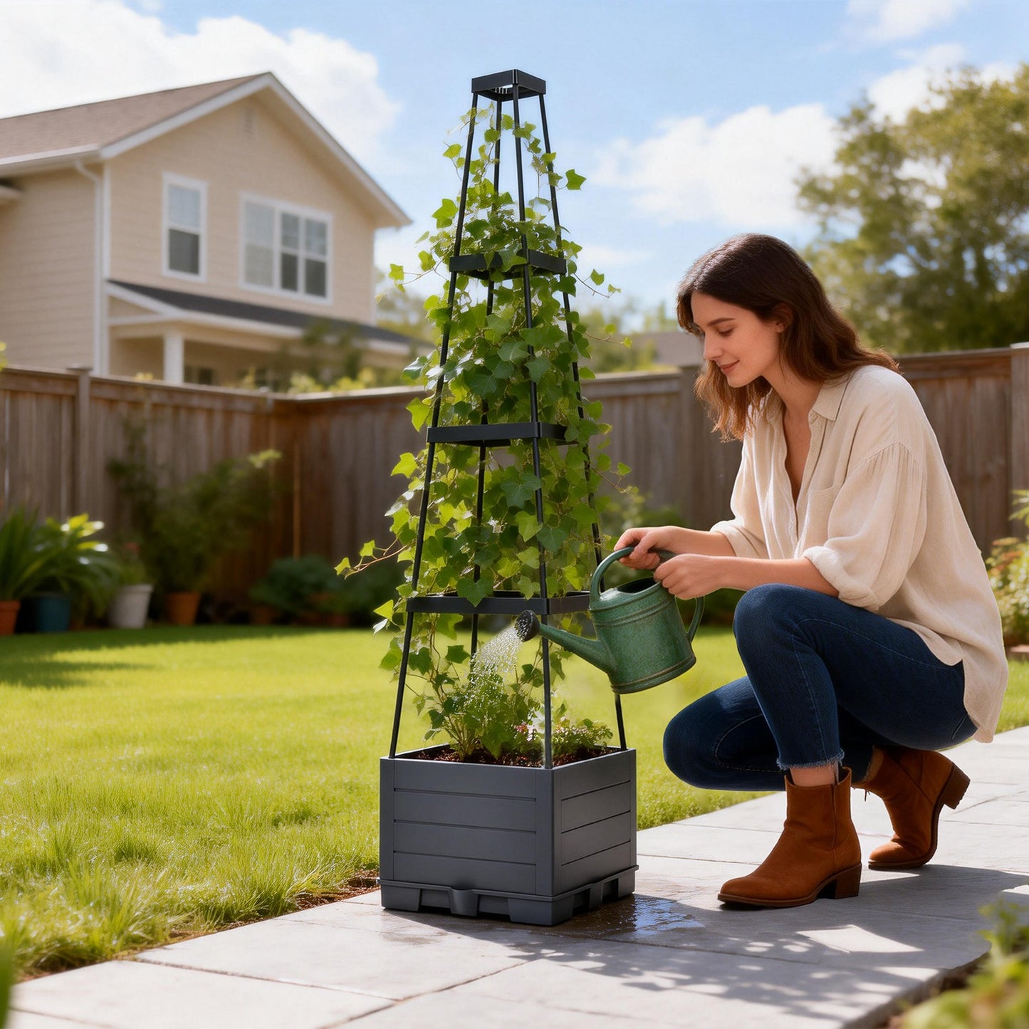 2Pack Raised Garden Bed Boxes With Trellis For Spring Decoration 56in Tomato Self-Watering Planter Box Indoor Outdoor With 4 Adjustable Heights 10 Clips 65FT Ties For Climbing Vegetables Flowers Vines