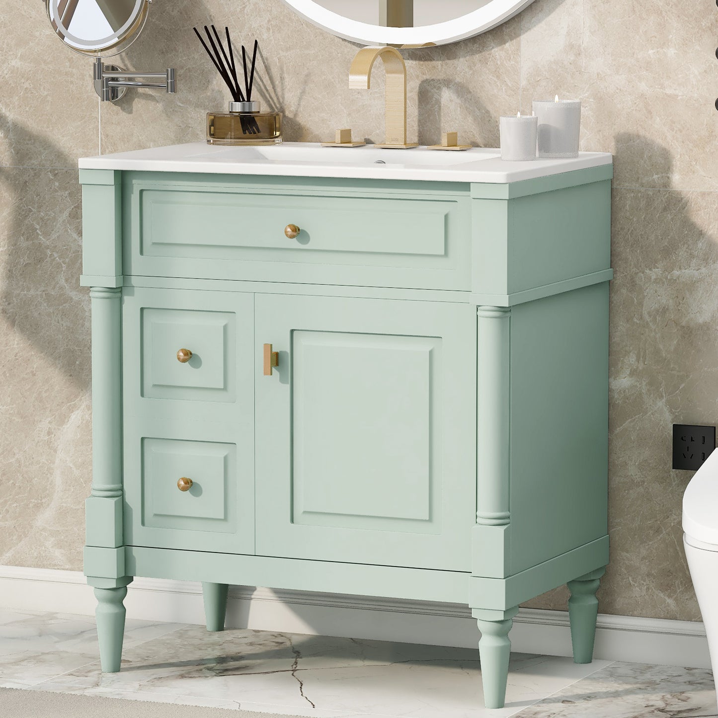30  Bathroom Vanity With Sink, Green Freestanding Bathroom Cabinet With Flip Drawer & Adjustable Shelf, Solid Rubberwood Frame, MDF Panels & Metal Handles