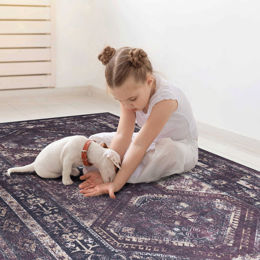 MAVAL Black Washable Rug 2'6'' X 10' Runner Rug  Black Burgundy, 2'6'' X 10'