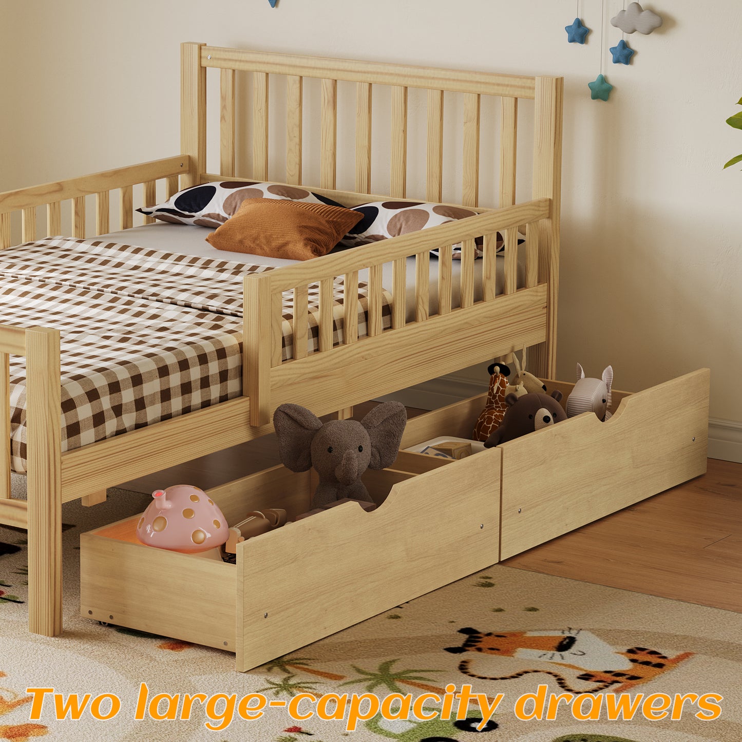 Twin Size Wood Platform Bed With Guardrails On Both Sides And Two Storage Drawers ,Natural