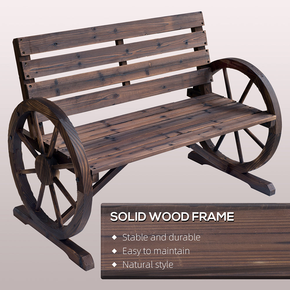 Wooden Wagon Wheel Bench, Rustic Outdoor Patio Weather Resistant Furniture, 2-Person Slatted Seat Bench With Backrest Supports Up To 550 Lbs For Patio, Garden, Or Other Outdoor Areas