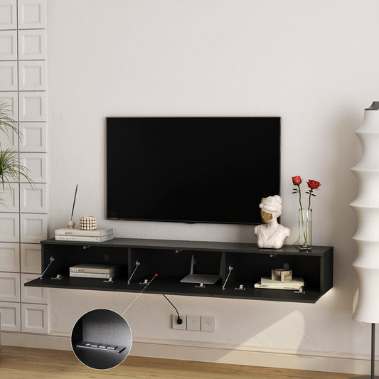 Floating TV Stand Wall Mounted With 16 Color LEDs,67  Modern TV Stand, Floating TV Cabinet Entertainment Center For 55 60 65 Inch TV,Black