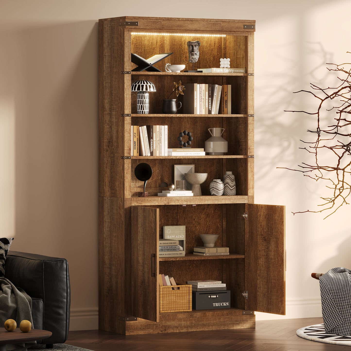 83.4Tall Modern Bookshelf With Doors, Farmhouse Bookcase With 3-Tier Adjustable Shelves, Display Shelves With LED Light,Large Storage Cabinet For Living Room,Home Office, Walnut