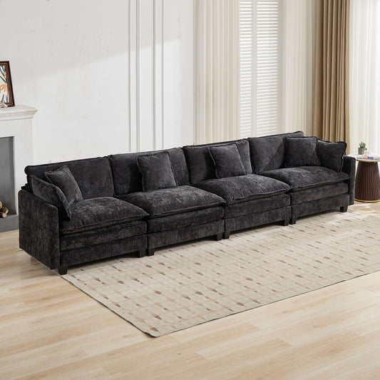 Cloud Sofa 4 Seats Ottoman Is Not Included, Modern Sectional Couch, For Living Room Bedroom And Apartment, Comfy Double Layer Upholstered Seat Cushion, Breathable Chenille Fabric, Black,SW5014BK