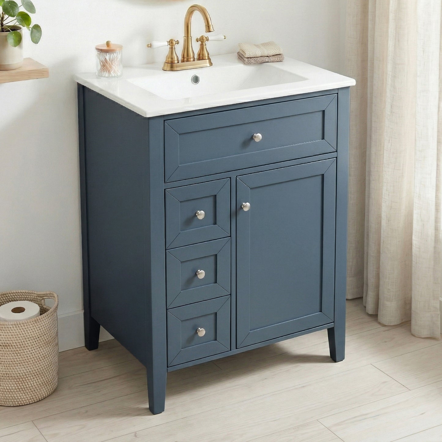 24  Bathroom Vanity With Sink,Ceramic Sink,Bathroom Cabinet With 1 Tip-out Drawers And 2 Pull-out Storage Drawers, Soft-Closing Door With Storage Rack, Solid Wood Legs, One Package, Blue Gray