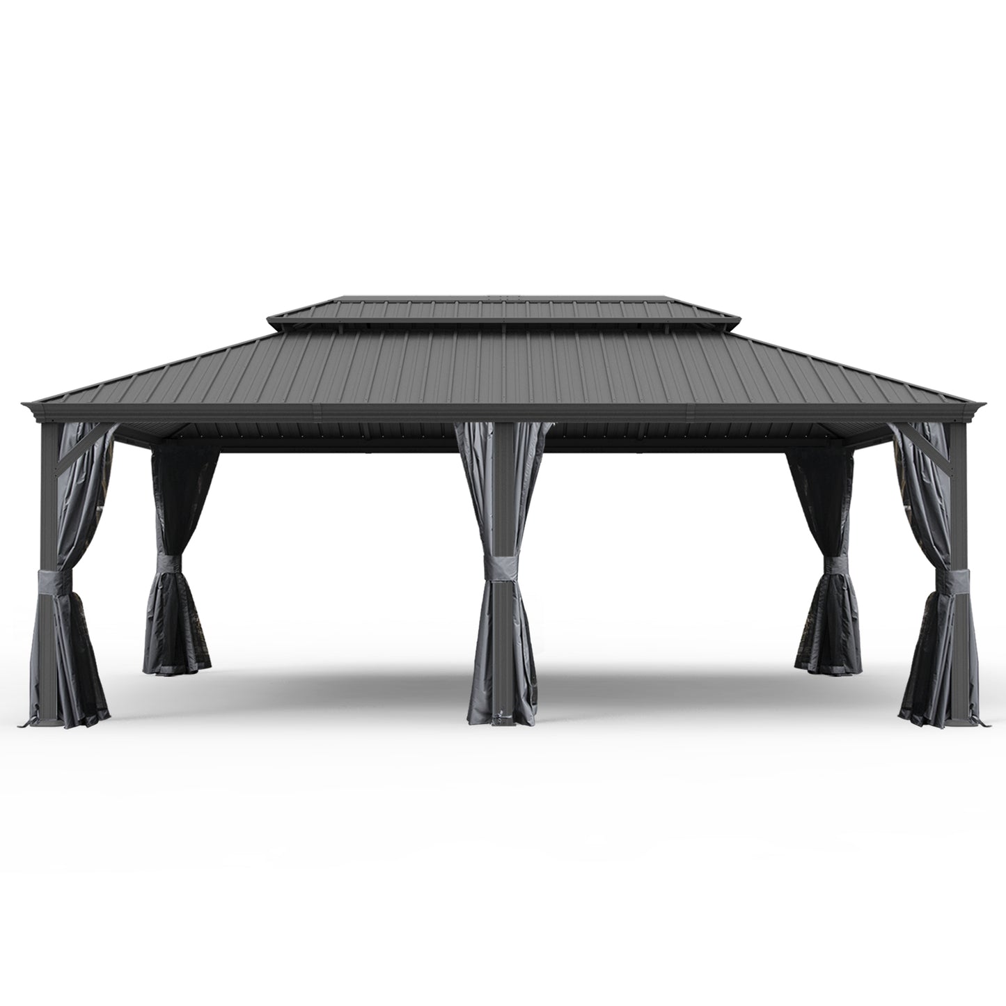 14  X 24  Hardtop Gazebo, Upgraded Metal Gazebo With Drainage System, Dual-Layer Galvanized Steel Roof, Curtain And Netting, Outdoor Shelter Canopy For Patio, Garden, And Backyard, Grey