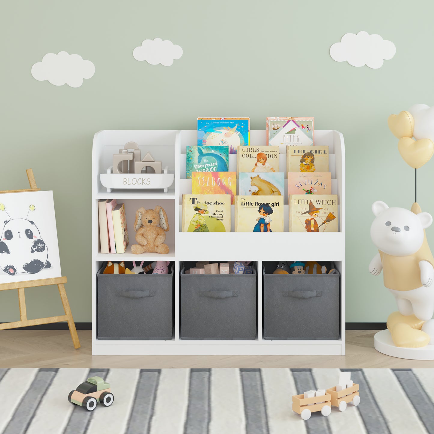Kids Bookcase And Bookshelf, Multifunctional Bookcase With 3 Collapsible Fabric Drawers, Bookcase Display Stand, Toy Storage Organizer For Bedroom, Playroom, Hallway White Gray