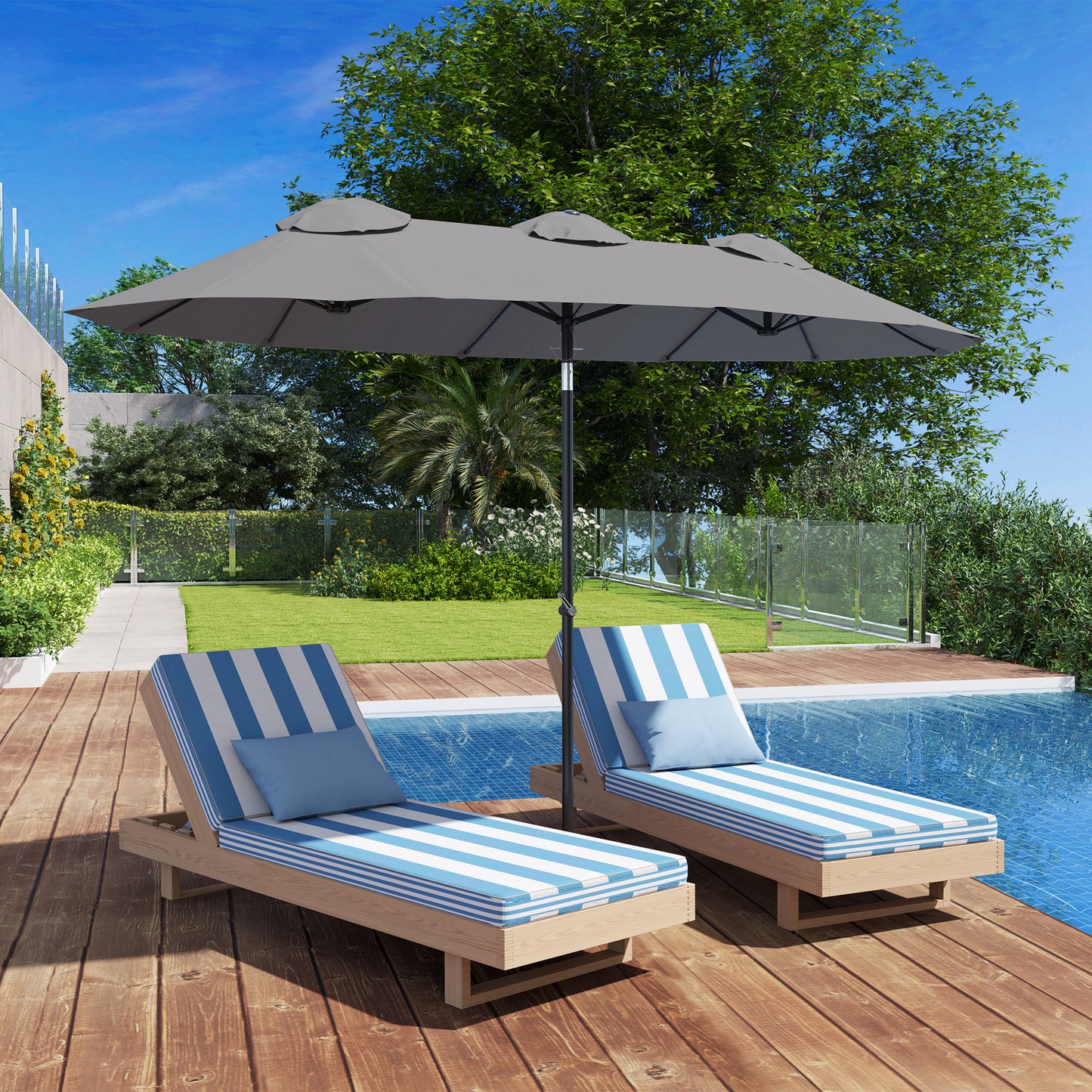 Double Sided Patio Umbrella, 9.7' Large Outdoor Market Umbrella With Push Button Tilt And Crank, 3 Air Vents And 12 Ribs, For Garden, Deck, Pool, Gray