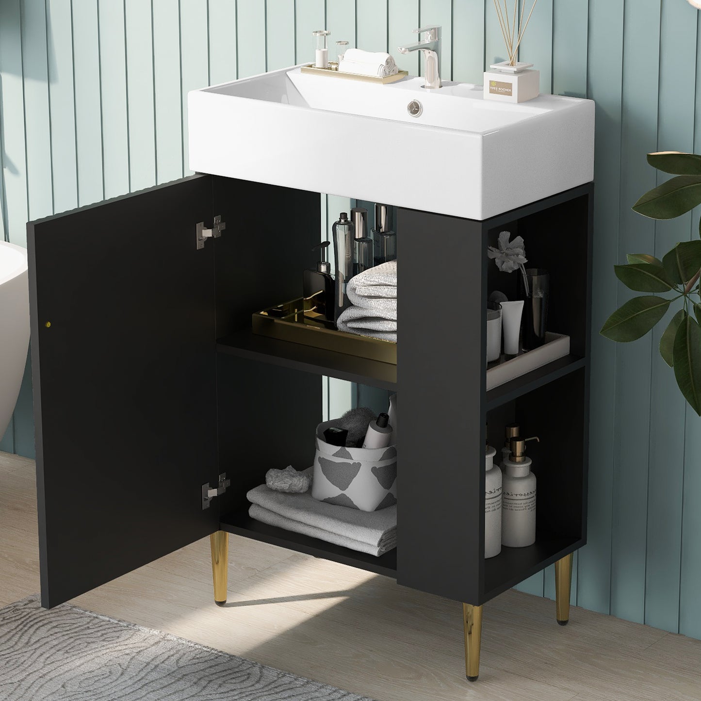 21.6  Black Bathroom Vanity, Combo Cabinet, Bathroom Storage Cabinet, Single Ceramic Sink, Right Side Storage
