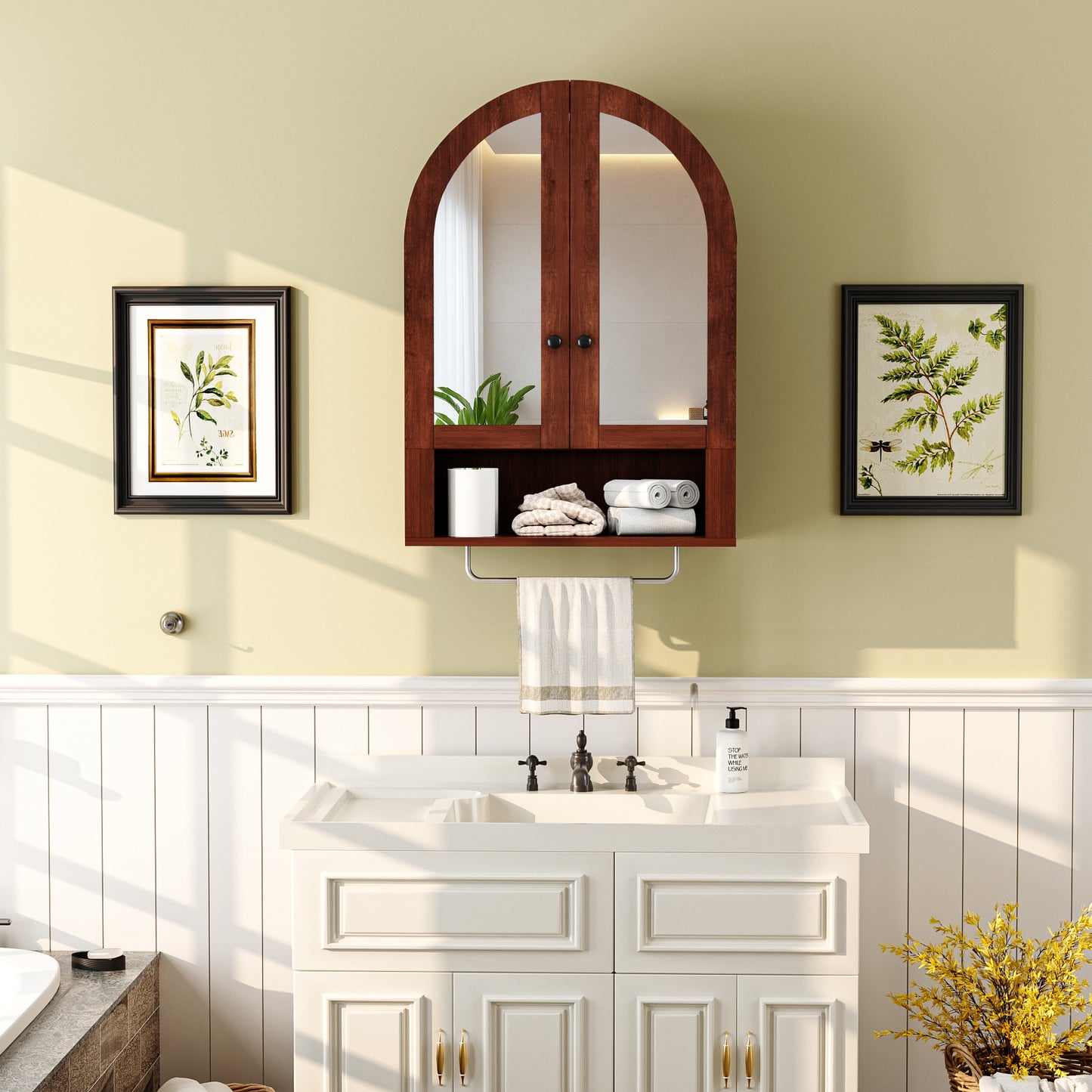 Wall Mounted Arched Cabinet With Mirrored Doors And Adjustable Shelves For Laundry Room, Bathroom, Kitchen