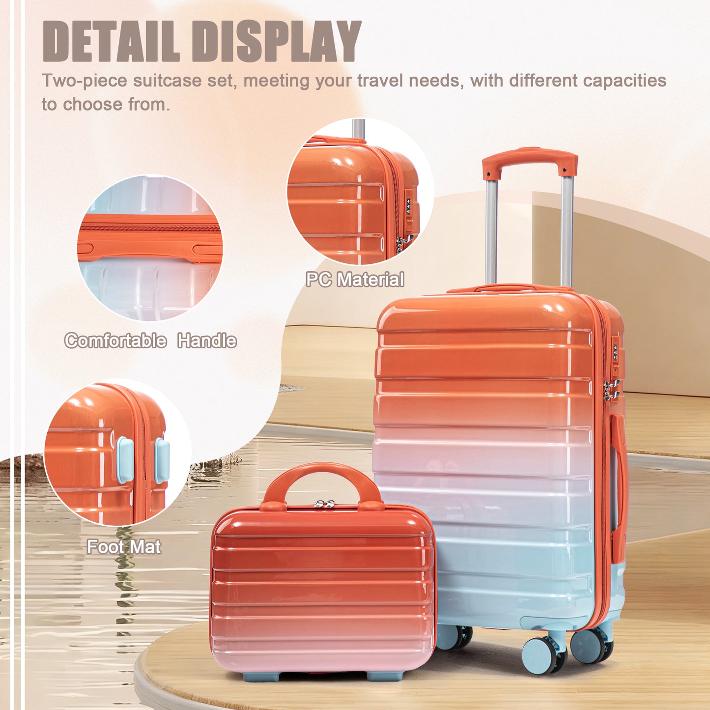 14-20  2 Pcs-set In PC Spinner Wheel Luggage, Carry On Suitcase, With Gradient Color And Combination Lock  Blue Red