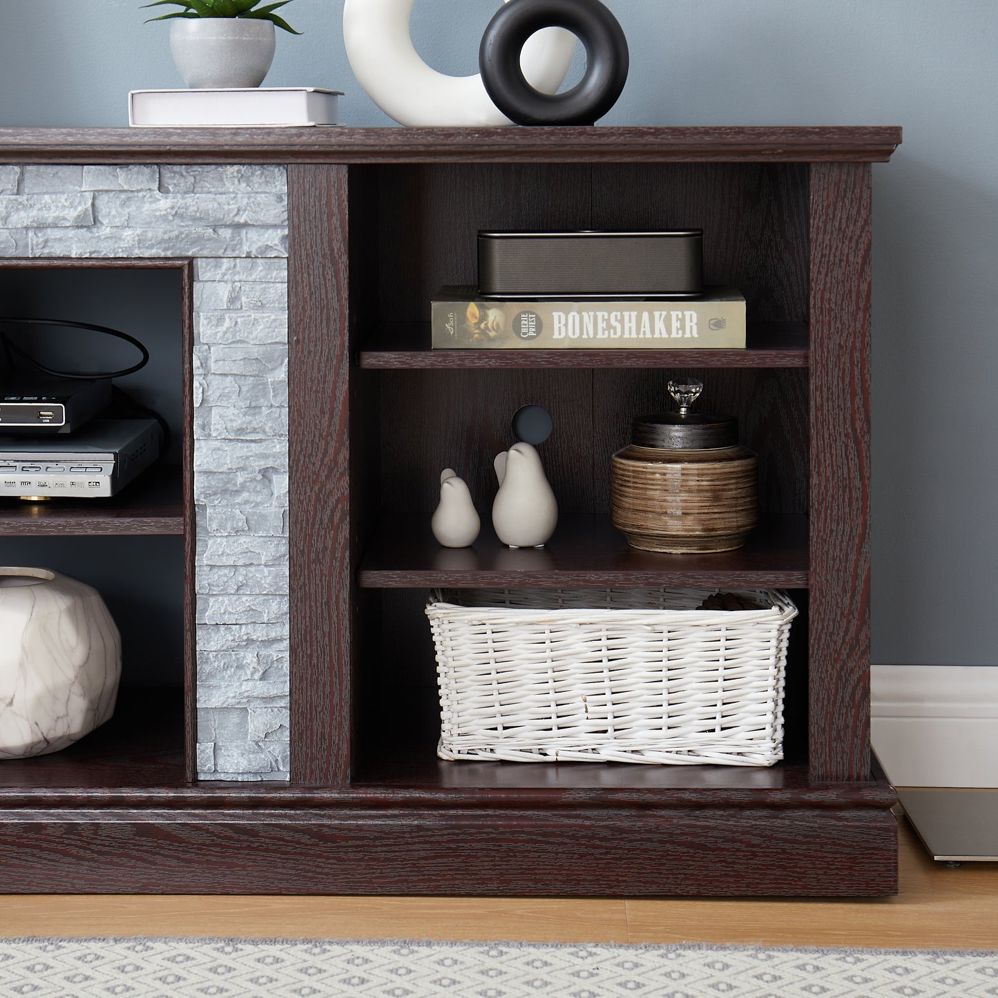 Large Faux Stacked Stone TV Stnad, Desk Storage Rack, Media Console Table With Large Storage Cabinet,Modern TV Media Entertaionment Stand,Cherry, 70.12 Wx15.35 Dx25.83 H
