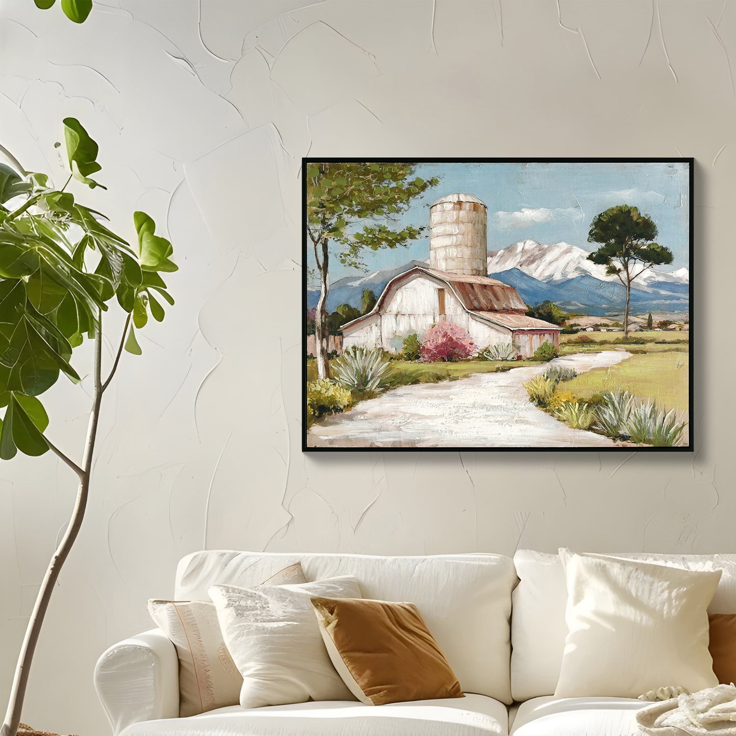 Framed Rustic Farmhouse Canvas Wall Art Beautiful Field Painting Wildflower Barn Print Nature Scenery Picture French Countryside Poster For Bathroom Bedroom Living Room Office Wall Decor 32x24in
