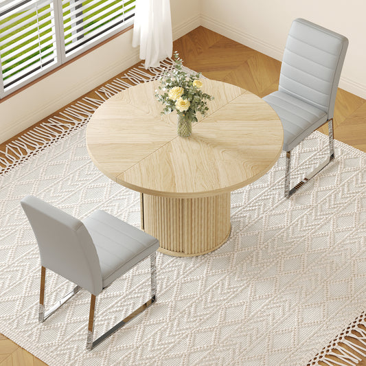 2piece PU Padded Dining Chair Set With 47.2 In Round Roman Column Table, Storage Included, Suitable For Restaurants Wooden Color