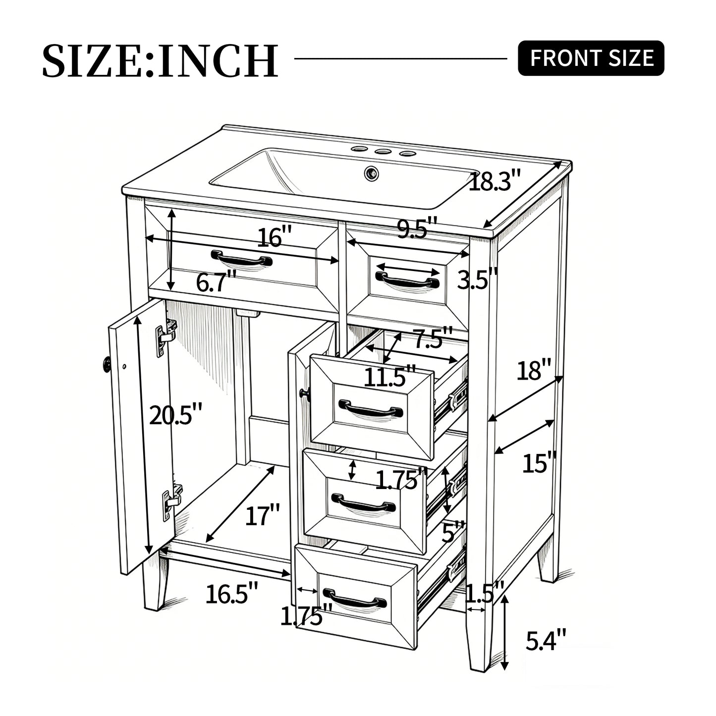 30  White Bathroom Vanity With Ceramic Sink, Freestanding Vanity With Black Metal Handles, Solid Wood Legs, Soft-Close Doors & Drawers, Ample Storage  Other Size  N725P246491K