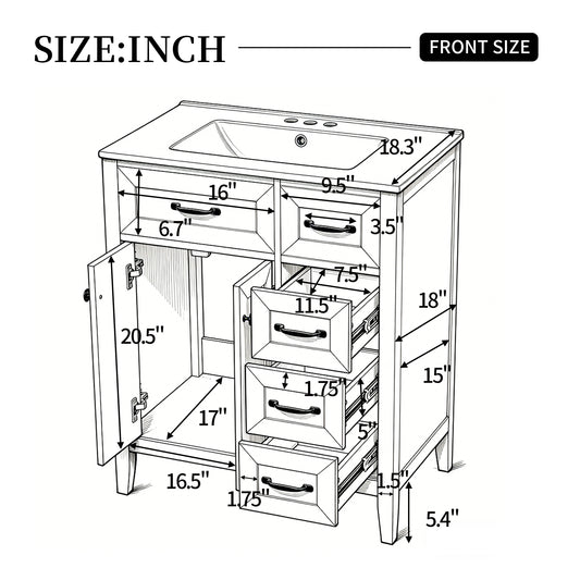 30  White Bathroom Vanity With Ceramic Sink, Freestanding Vanity With Black Metal Handles, Solid Wood Legs, Soft-Close Doors & Drawers, Ample Storage  Other Size  N725P246491K