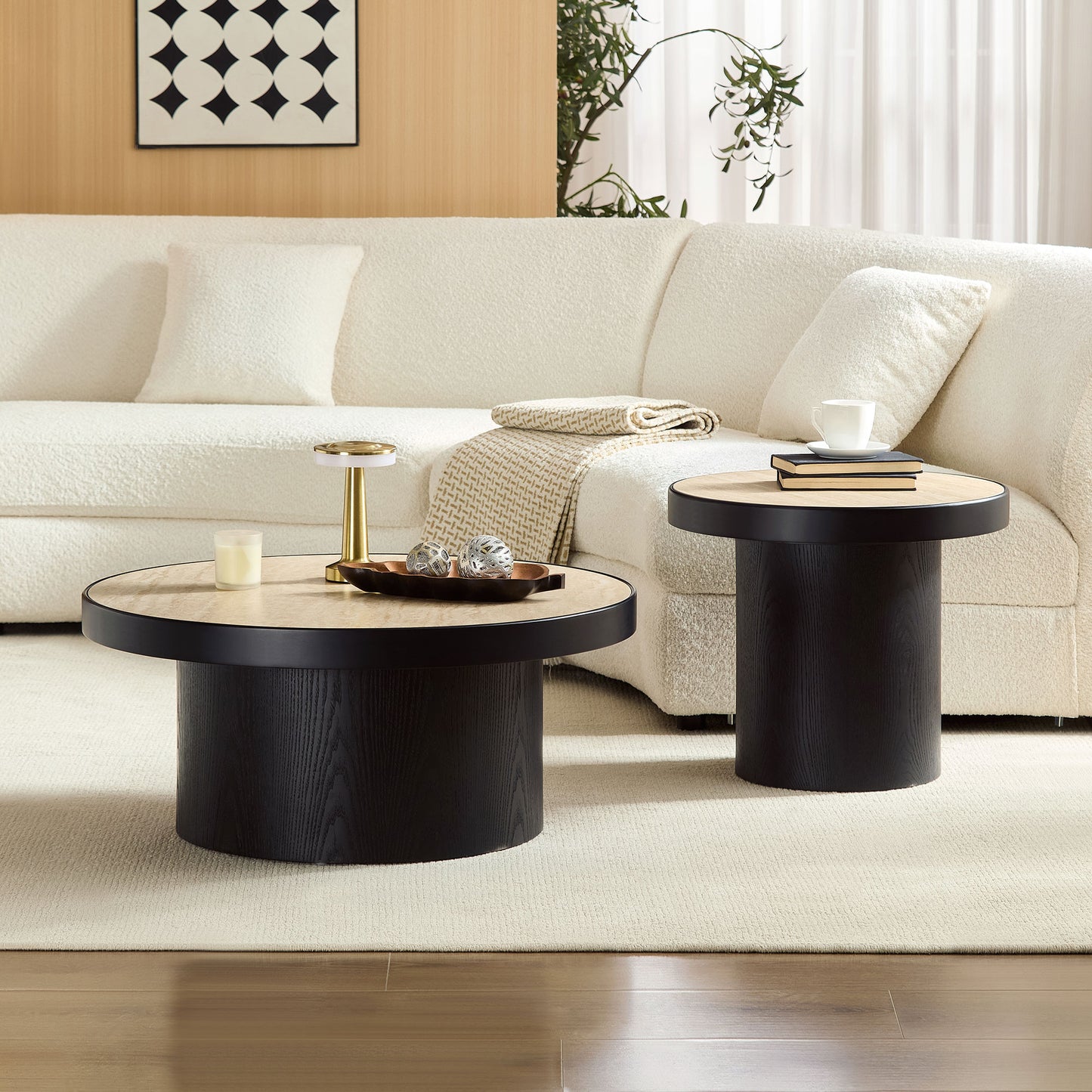 Set Of 2 Coffee Table,MDF Round Coffee Table Sintered Stone Tabletop For Living Room ,Apartment,Leisure Area BLACK