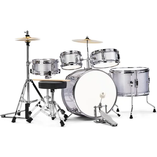 5-Pieces Junior Kids Drum Set Kit Pedal Drum Stick Wrench Drum Stool Silver
