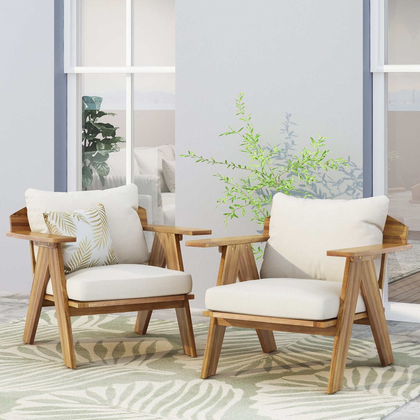 Outdoor Acacia Wood Club Chairs With Cushions  Set Of 2 , Teak Finish  Beige, 30.75 W X 30.25 D X 26.00 H