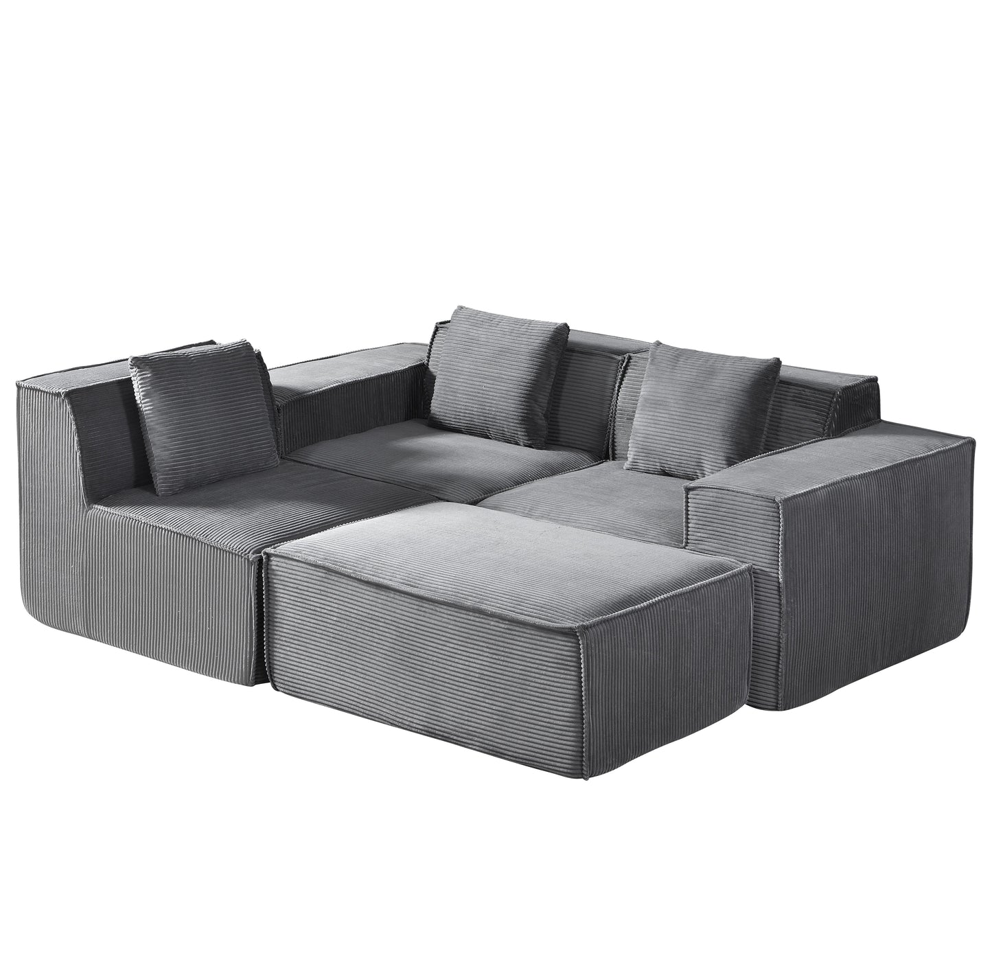 CozyForm Convertible Corduroy Sectional Couch With Ottoman & Pillows, Modular L Shaped Sleeper Sofa, Boneless Cloud Couch For Living Room Furniture, Dark Gray