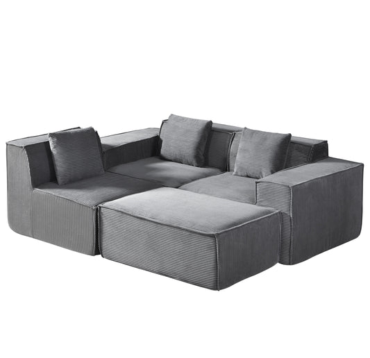 CozyForm Convertible Corduroy Sectional Couch With Ottoman & Pillows, Modular L Shaped Sleeper Sofa, Boneless Cloud Couch For Living Room Furniture, Dark Gray