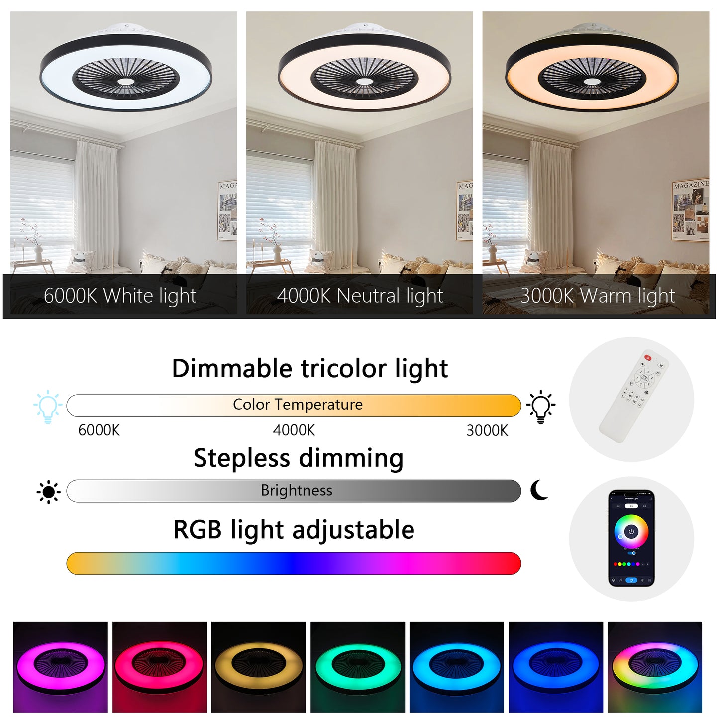 23-inch Black Ceiling Fan Light With LED RGB   Dimmable & Color-Changing, APP & Remote Control, Modern Smart Ceiling Fan For Living Room, Bedroom, And Dining Room  Silent 6-Speed Reversible DC Motor