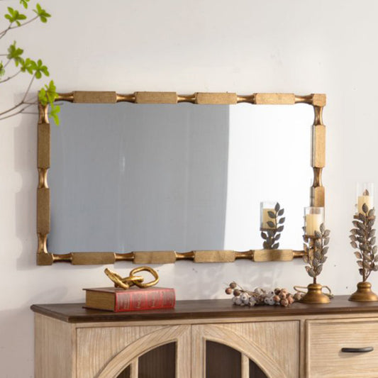 Gold Bamboo-Style Rectangular Wall Mirror, Textured Frame For Living Room Bedroom Entryway Decor
