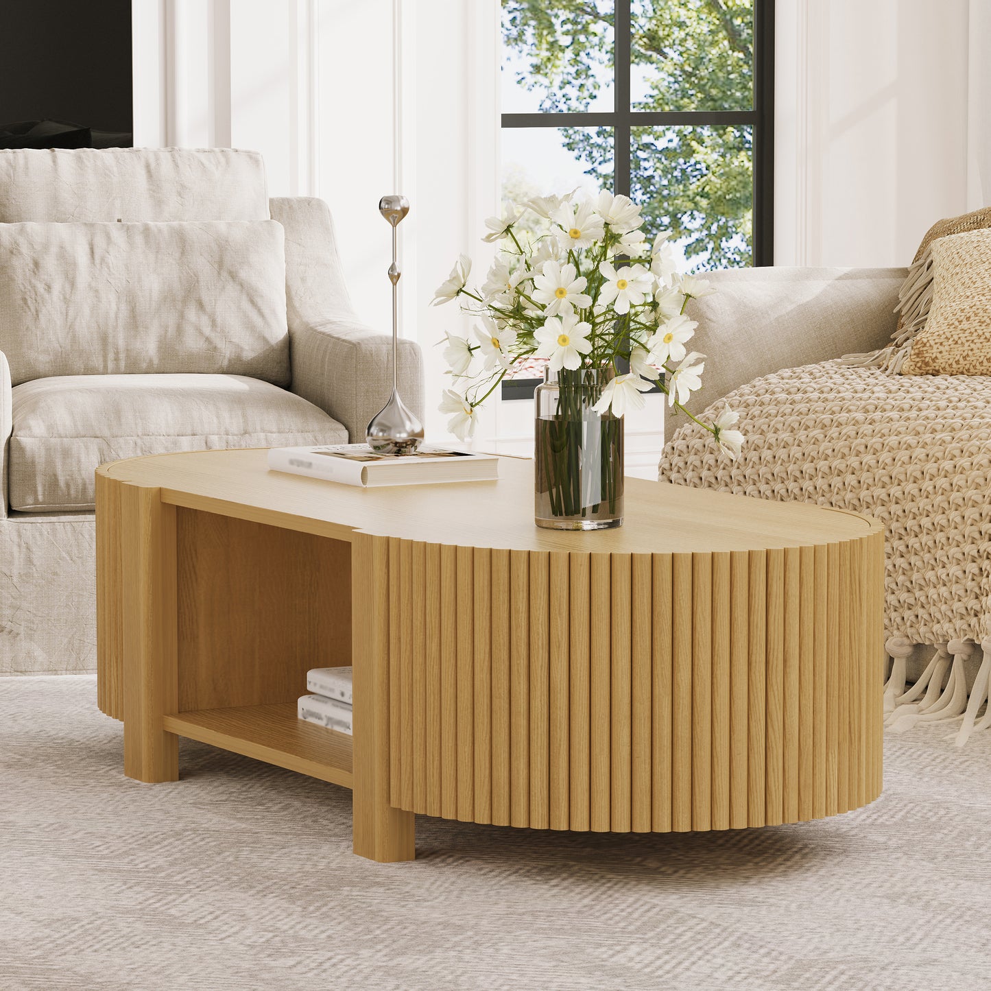 Oval Fluted Coffee Table With Storage For Living Room, Rubber Solid Wood, 1 Shelf & 2 Open Storage Doors, Natural, 47