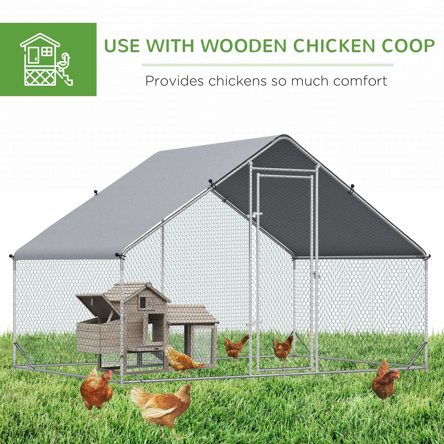 Large Chicken Coop Metal Chicken Run With Waterproof And Anti-UV Cover, Spire Shaped Walk In Fence Cage Hen House For Outdoor And Yard Farm Use, 1" Tube Diameter, 9.8' X 6.6' X 6.6'