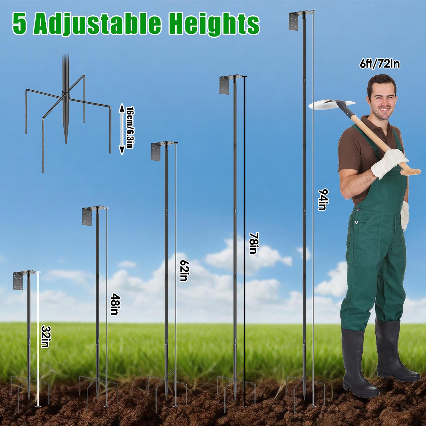 1Pc 94Inch Squirrel Proof Bird Feeder Pole Heavy-Duty Bird House Pole Outdoor Bird Feeding Station With 5 Adjustable Heights 4 Shepherd Hooks Top & Side Mount Brackets 5-Pronged Base