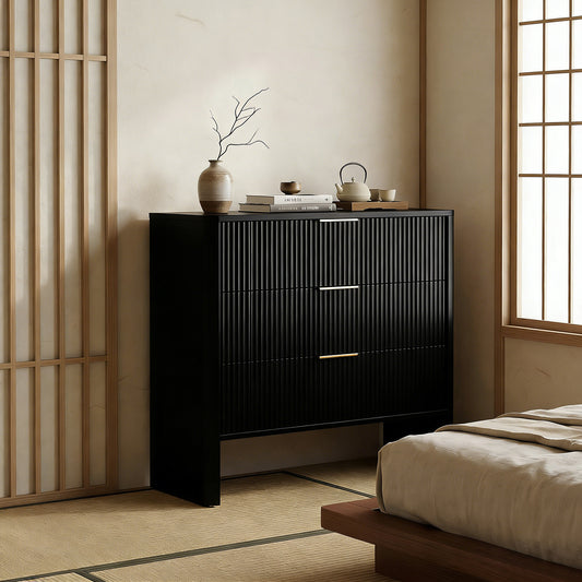 30in Wooden Cabinet With 3 Drawers Wavy Pattern Modern Bedside Cupboard Dressing Table For Bedroom Living Room Hallway Black